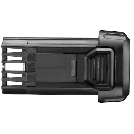 A close-up image of a DEWALT DCB080 black lithium-ion battery pack, showing its compact and durable design.