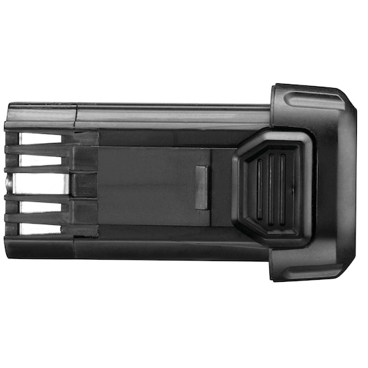 Close-up image of a black DEWALT DCB080 rechargeable battery pack designed for power tools, showing its distinct rectangular shape and connector side.