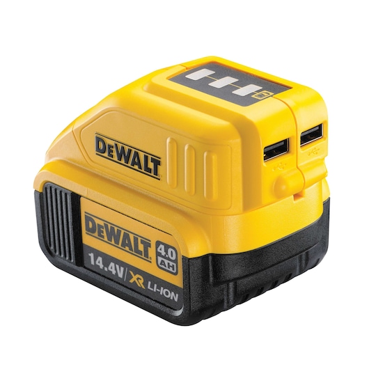 Close-up image of a DEWALT DCB090 lithium-ion battery with USB charging ports, 14.4V XR 4.0Ah, in yellow and black color.
