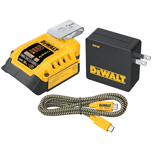A DEWALT DCB094K kit including a yellow battery adapter with clip, a black 65W wall charger, and a braided USB-C charging cable.