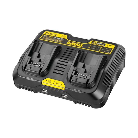 DEWALT DCB102 dual port battery charger for XR Li-Ion batteries, featuring two charging slots and two USB ports, black and yellow design.