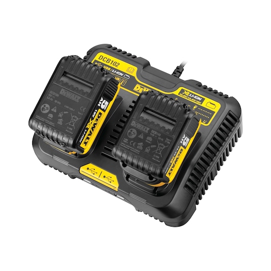 DEWALT DCB102 dual battery charger with two lithium-ion batteries attached, featuring yellow and black design and USB ports for charging.