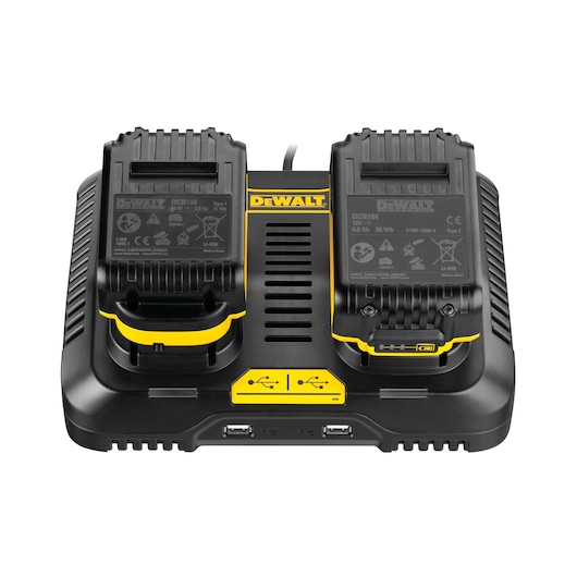 Front view of a DEWALT DCB102 dual port battery charger with two batteries attached. The charger is black with yellow accents, features two USB ports on the front, and is designed for charging DEWALT branded batteries.