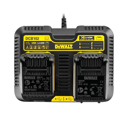 Front view of a DEWALT DCB102 battery charger with dual charging slots. The charger is black with yellow labels, and is designed for charging lithium-ion batteries. USB and status indicators are also visible on the unit.