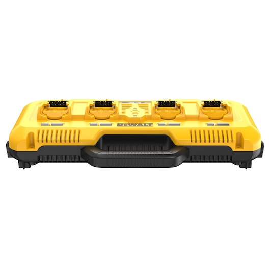 Front view of a yellow and black DEWALT DCB104 four-port battery charger, designed for charging multiple power tool batteries simultaneously.