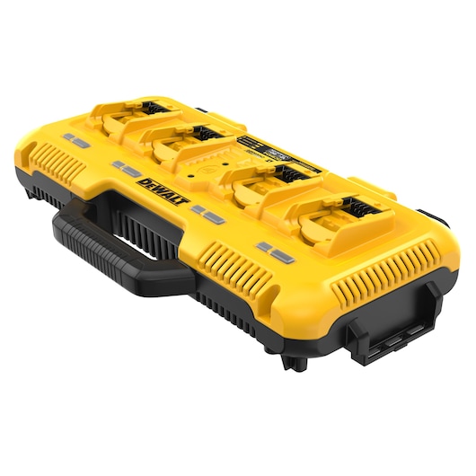A yellow DEWALT multi-port battery charger with four charging slots and a black carrying handle, designed for charging multiple batteries at once.