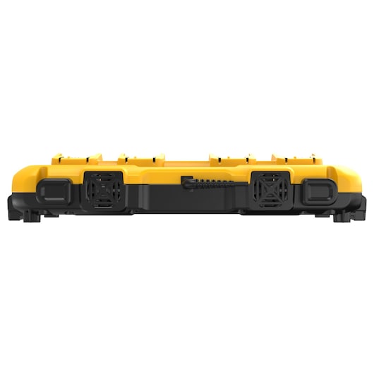 Front view of a DEWALT DCB104 yellow and black battery charging station, featuring multiple charging ports and rugged design.