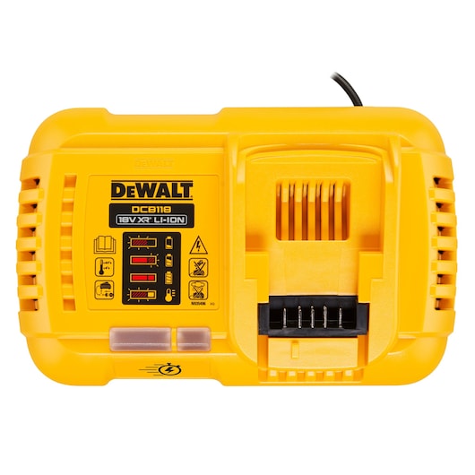 A yellow DEWALT DCB118 18V XR Li-Ion battery charger, shown from the top with visible charging indicators, label, and battery slot.
