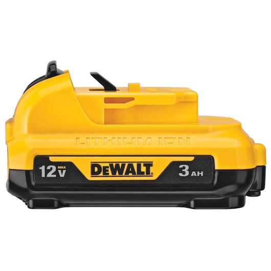 A yellow and black DEWALT 12V 3Ah lithium-ion battery pack.