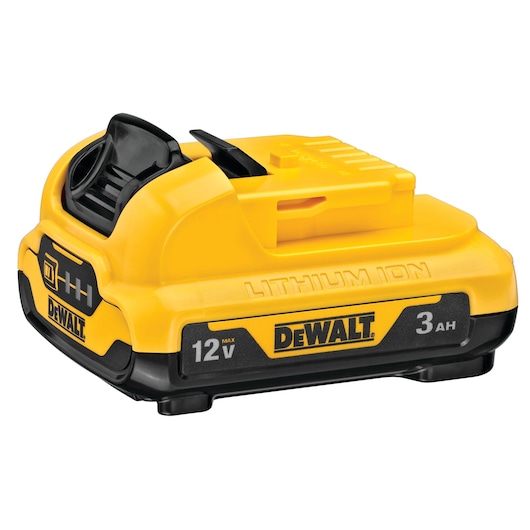 DEWALT 12V MAX 3Ah lithium-ion battery pack, yellow and black, model DCB124, designed for use with cordless power tools.