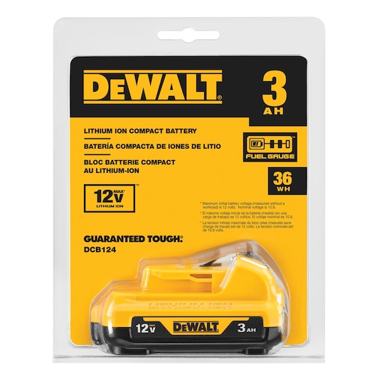 DEWALT 12V Lithium Ion Compact Battery, model DCB124, with a capacity of 3 amp hours (AH) and 36 watt hours (WH), packaged in a clear and yellow plastic retail package.