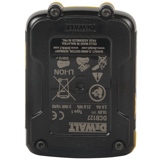 DEWALT DCB127 rechargeable lithium-ion battery pack featuring product information and safety icons on the label. The pack is black with visible screws and yellow branding.