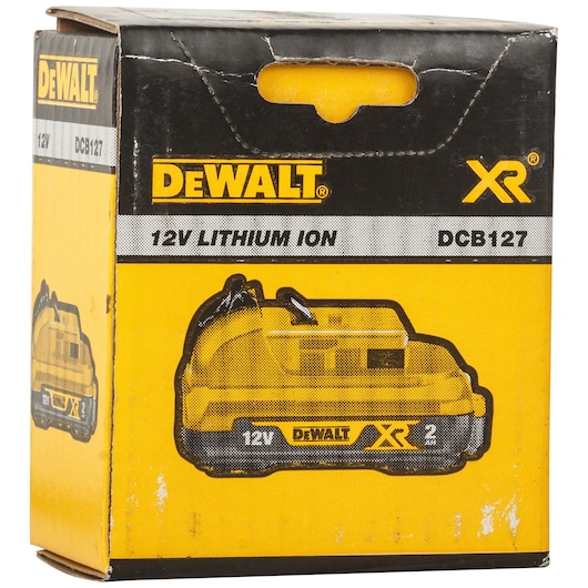 Box of DEWALT DCB127 XR 12V Lithium Ion battery, showing the brand logo and product image on the yellow and black packaging.