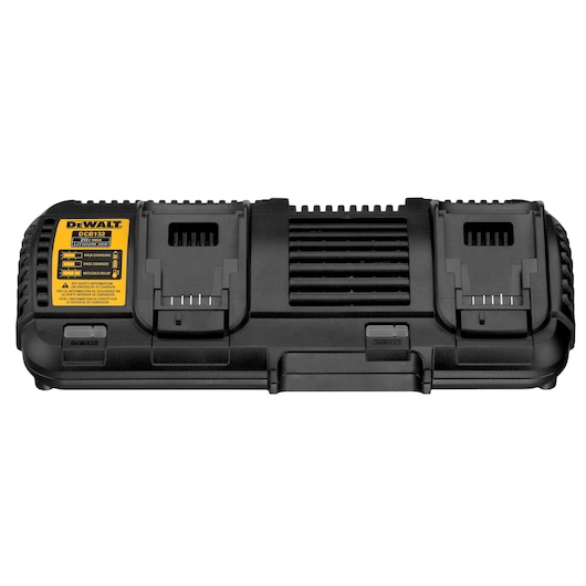 DEWALT DCB132 dual battery charger in black, shown from the front with two battery slots and a yellow product label on the left.