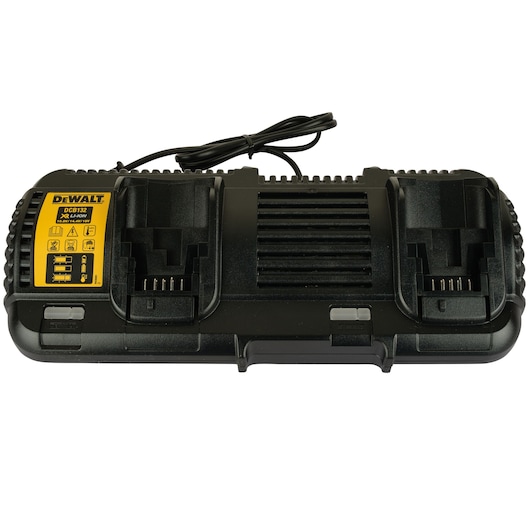 A DEWALT DCB132 dual battery charger, black with yellow labeling, featuring two charging slots and a power cord.