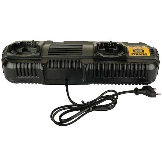 A DEWALT DCB132 dual port battery charger with a power cord, designed for charging two power tool batteries simultaneously.