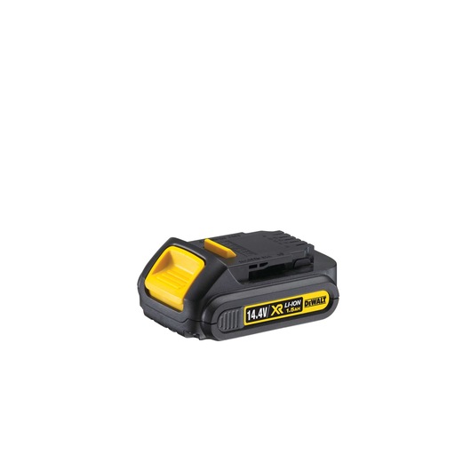 A DEWALT 14.4V XR Li-Ion 1.5Ah rechargeable power tool battery with yellow and black design, shown isolated on a white background.