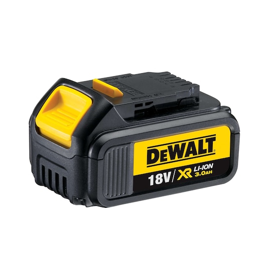 DEWALT 18V XR Li-Ion 3.0Ah battery for power tools, black with yellow details and branding.