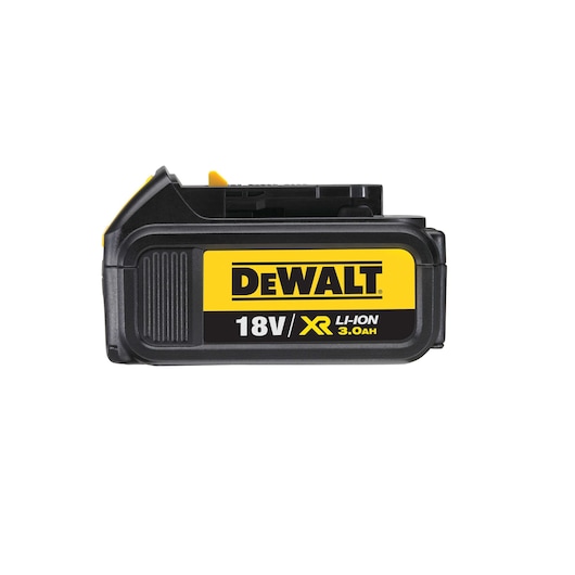 A DEWALT 18V XR Lithium-Ion 3.0Ah rechargeable battery pack, black with yellow label, used for power tools.