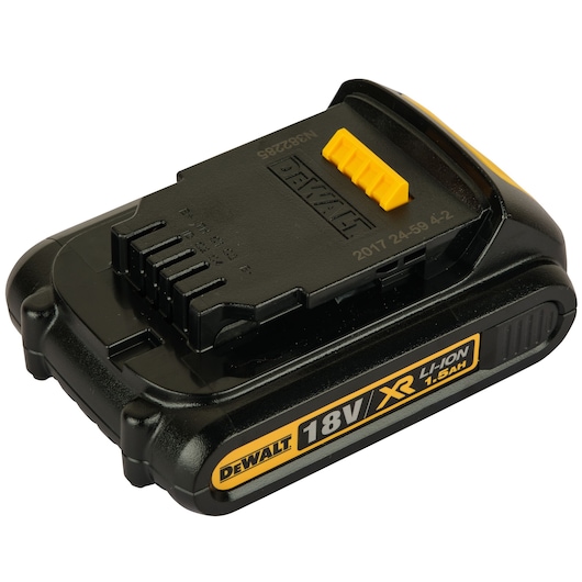 A black and yellow DEWALT 18V XR lithium-ion battery with 1.5Ah capacity, designed for power tools.