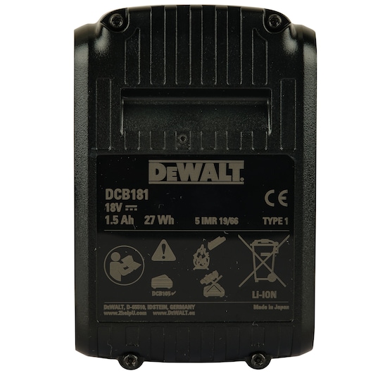 A close-up image of a DEWALT DCB181 lithium-ion battery pack. The label indicates specifications such as 18V, 1.5Ah, 27Wh, and includes usage and safety icons. The battery pack is black and rectangular, and the label states it is made in Japan.