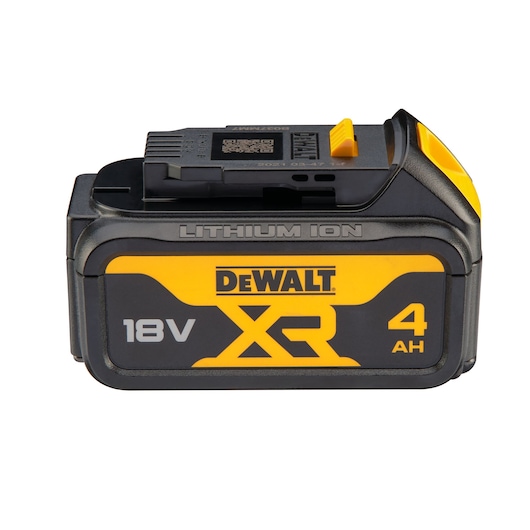 Side view of a DEWALT XR lithium-ion battery with 18V and 4.0 Ah capacity, featuring black and yellow color and labeled with the DEWALT logo.