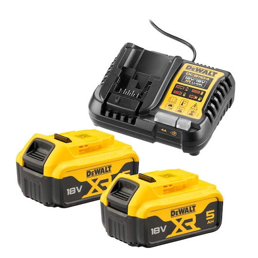 A DeWalt battery charger and two yellow and black DeWalt 18V XR lithium-ion batteries with 5Ah capacity, displayed on a white background.
