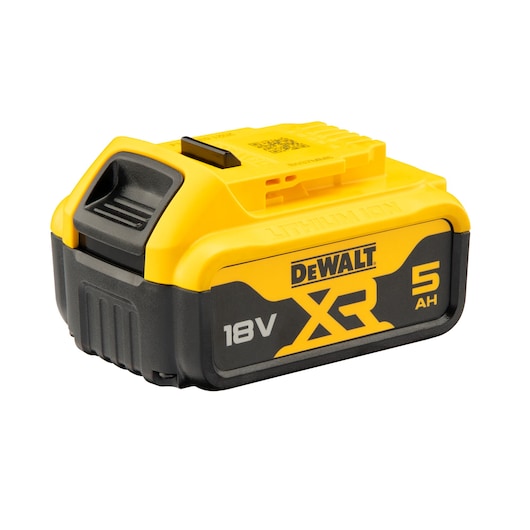 A DEWALT branded rechargeable battery, model DCB184, with yellow and black coloring. The battery is labeled XR, 18V, and 5Ah, suitable for power tools.