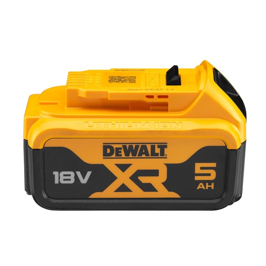 A DEWALT XR 18V 5Ah lithium-ion battery, shown in yellow and black colors, designed for power tools.