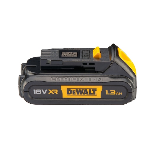 Side view of a DEWALT 18V XR 1.3Ah lithium-ion battery pack, model DCB185, with black and yellow casing and visible branding.