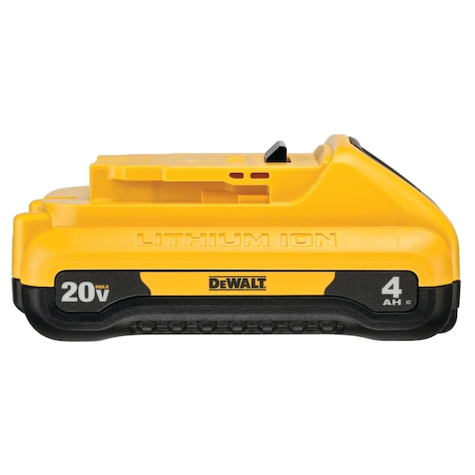 A Dewalt 20V MAX 4Ah lithium-ion battery, yellow and black, viewed from the front.