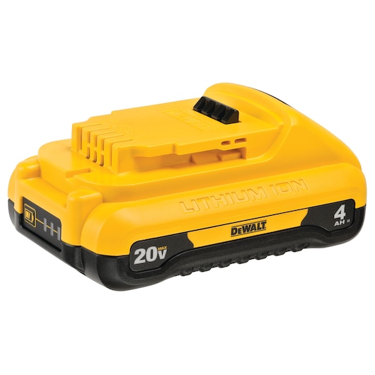 A yellow DEWALT 20V Max 4Ah lithium-ion battery pack designed for cordless power tools.