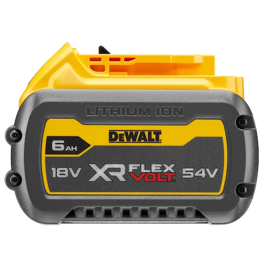 Front view of a DEWALT XR FLEXVOLT lithium-ion battery, model DCB546, featuring 6 Ah capacity and voltage ratings of 18V and 54V. The battery is yellow and black with visually distinct branding and technical specifications.