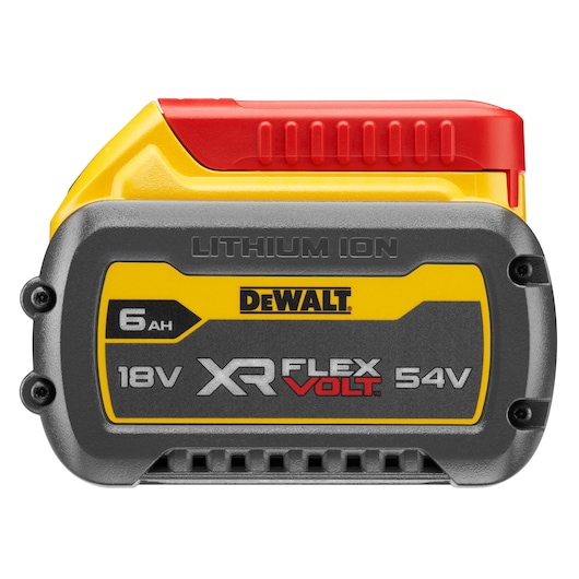 Front view of a DEWALT XR FLEXVOLT lithium-ion battery with a capacity of 6 Ah, supporting 18V and 54V, model DCB546. The battery has a yellow, grey, and red design.