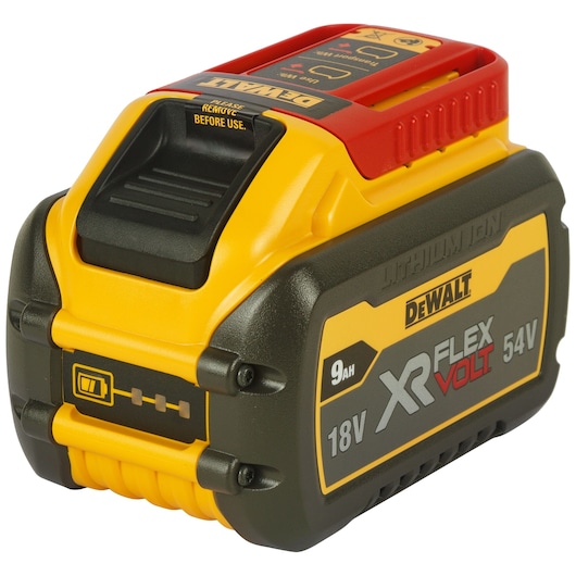 A close-up image of a DEWALT XR FLEXVOLT battery model DCB547, featuring 9Ah capacity and 18/54V voltage, designed for cordless power tools.
