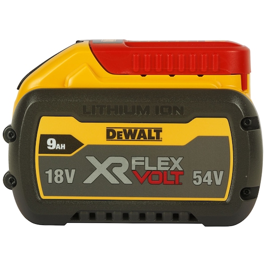A DeWalt XR FlexVolt lithium-ion battery with a capacity of 9Ah, suitable for 18V and 54V power tools. The battery has a yellow, black, and red casing.