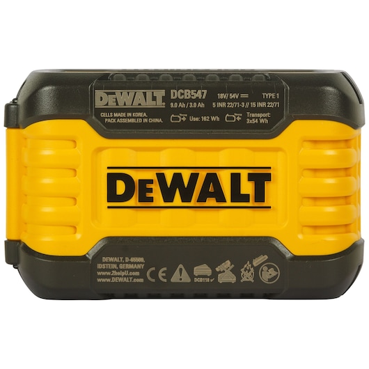 Close-up image of a DEWALT DCB547 battery pack in yellow and black color. The battery is labeled with specifications such as 18V/54V, 9.0Ah/3.0Ah, and 162Wh. The DEWALT logo is prominently displayed on the front.