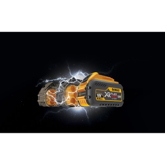 DEWALT XR FLEXVOLT 18V/54V Li-Ion battery with 9.0Ah capacity shown with a dynamic, electrifying effect against a black background, highlighting its power and performance.