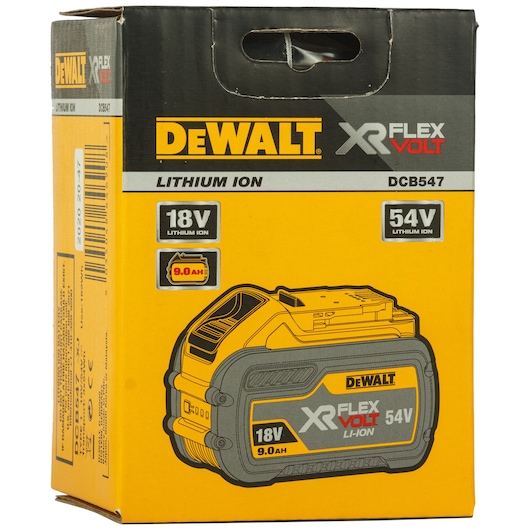 Packaging of a DEWALT XR FLEXVOLT Lithium Ion battery, model DCB547, showing specifications of 18V and 54V with 9.0Ah capacity. The box is yellow and black with product illustrations and branding.