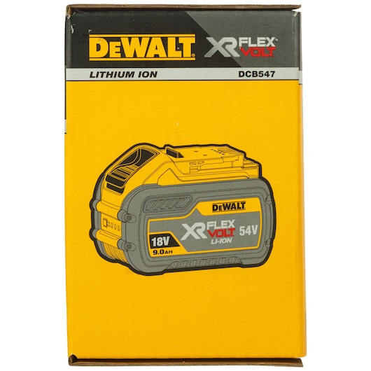 Box of DEWALT XR FLEXVOLT lithium ion battery model DCB547, featuring 18V and 54V compatibility with a capacity of 9.0Ah. The packaging is yellow with black and gray print.