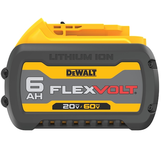 A DEWALT FLEXVOLT 6Ah lithium-ion battery with yellow and black casing, showing 20V/60V max voltage specifications.