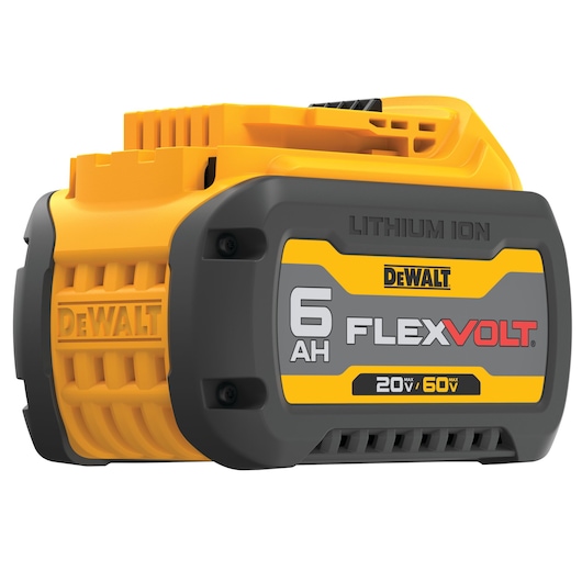 A close-up image of a DEWALT FlexVolt lithium ion battery pack, model DCB606. The yellow and black battery features a 6Ah capacity and supports 20V/60V power tools.