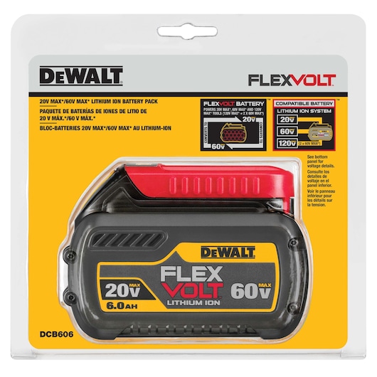 DEWALT FLEXVOLT lithium ion battery pack DCB606, showing packaging with branding and specifications. The battery is designed for 20V and 60V MAX systems and has a 6.0 Ah capacity.