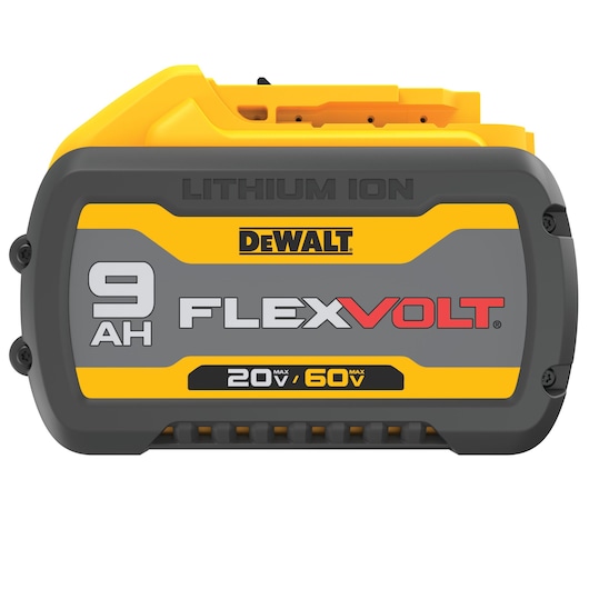 DEWALT FLEXVOLT lithium ion battery with a capacity of 9 amp hours (AH), displaying voltage options of 20V and 60V. The battery is primarily yellow and gray with black and red accents.
