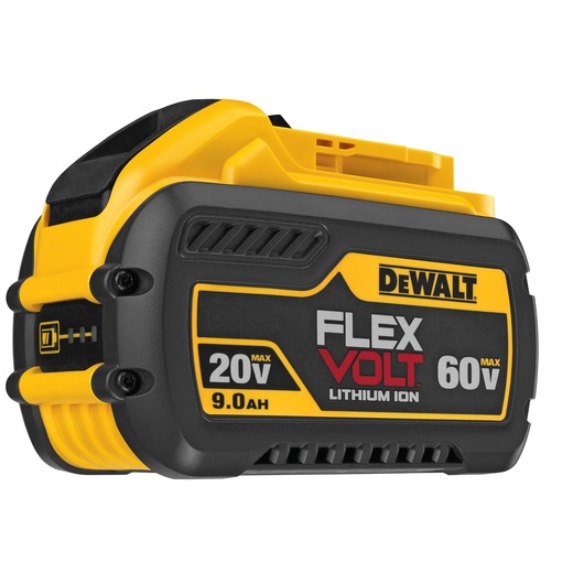 A DEWALT FlexVolt lithium-ion rechargeable battery, model DCB609, with a capacity of 9.0Ah, showing maximum voltages of 20V and 60V. The battery is primarily yellow and black.