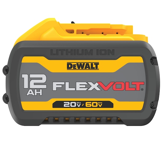 A DEWALT FLEXVOLT lithium ion battery with a capacity of 12 amp hours, showing the model DCB612. The battery is gray and yellow with black and red text, labeled for 20V/60V max power.