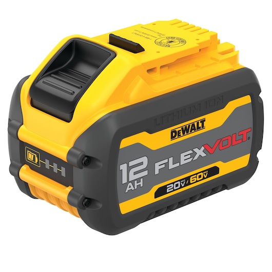 DEWALT FlexVolt lithium ion battery, 12AH capacity, 20V/60V max voltage, yellow and black casing.
