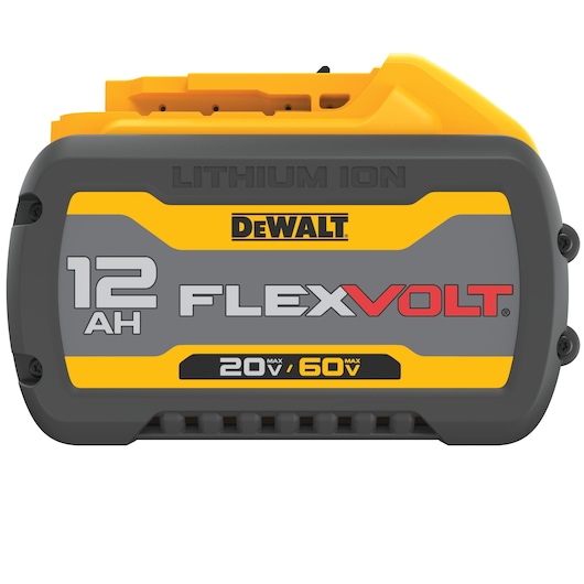 Close-up of a DEWALT FLEXVOLT lithium ion battery pack, model DCB612, with 12 amp hours capacity. The battery features yellow, gray, and black colors and is labeled as providing 20V max or 60V max.