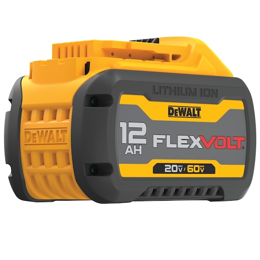 A close-up image of a DEWALT FLEXVOLT 12AH 20V/60V Max lithium-ion battery pack with yellow and grey casing.