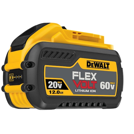 A DEWALT FLEXVOLT lithium ion battery with yellow and black casing, displaying specifications of 20V Max, 60V Max, and 12.0 Ah.